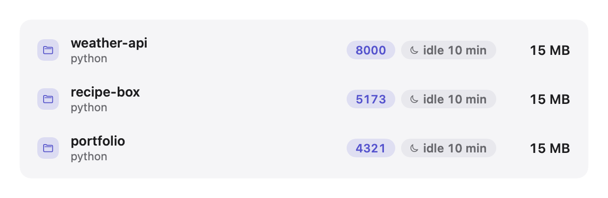 Tally's Projects tab: three local servers listed by project folder, with their ports and memory
